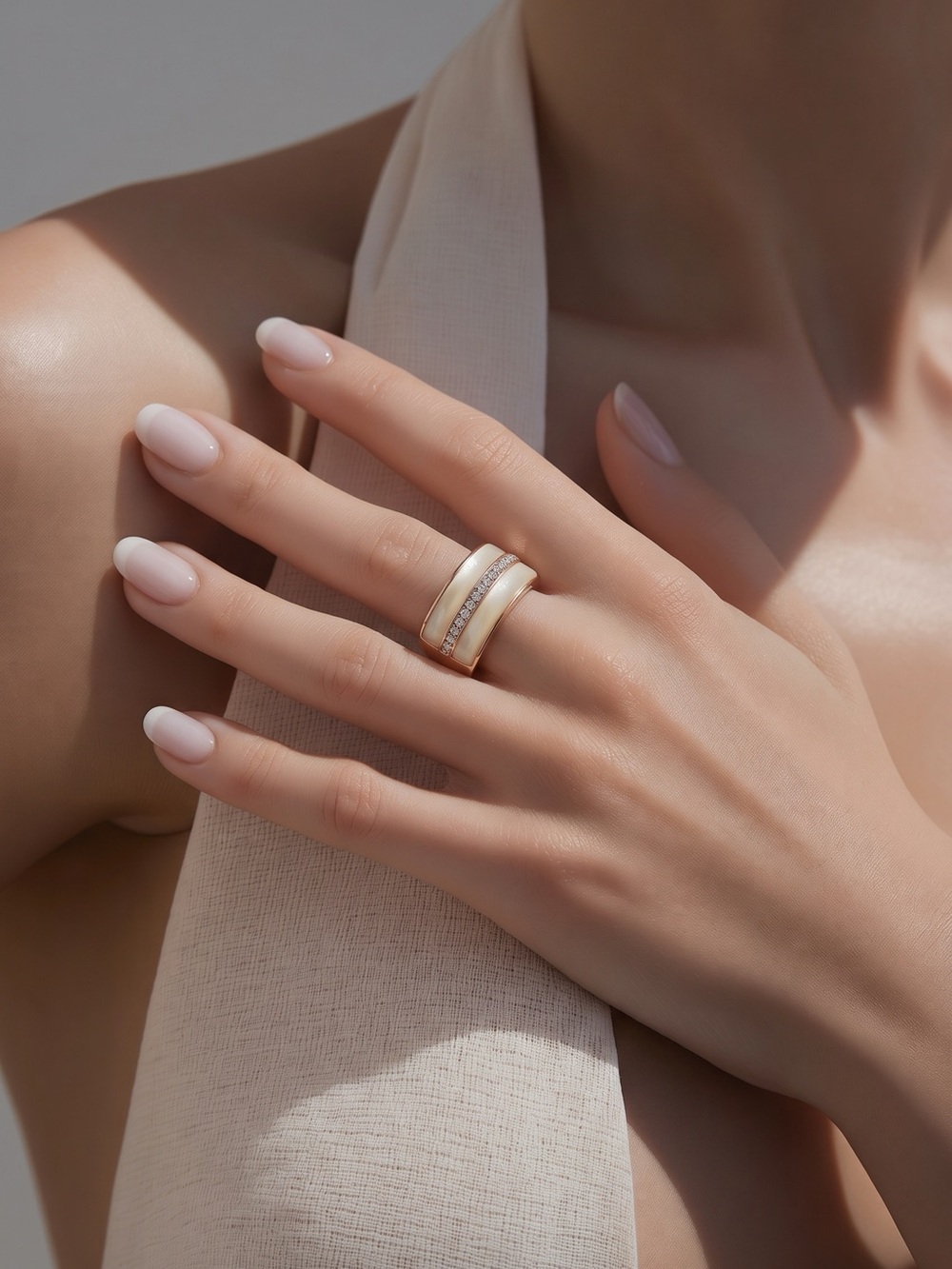 Camille Lucie Elegant pearl white and silver tone Band Ring with Pavé Accents
